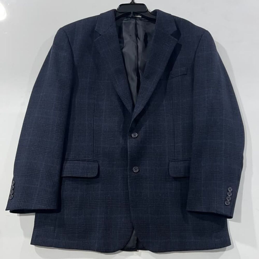 Jos. A. Bank Plaid Navy Blue Black 2-Button Wool Sport Coat Blazer Jacket 44R